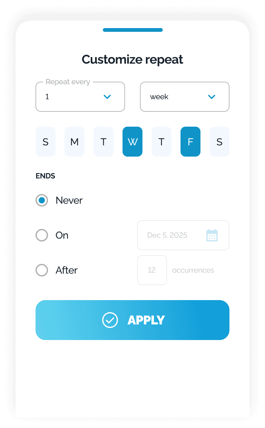 HarvestED app — customize watering repeat