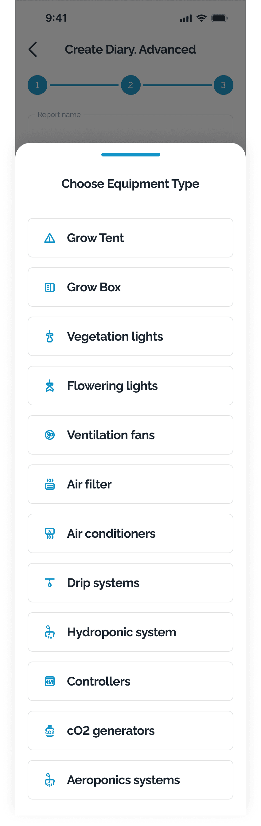 HarvestED app — choose equipment type