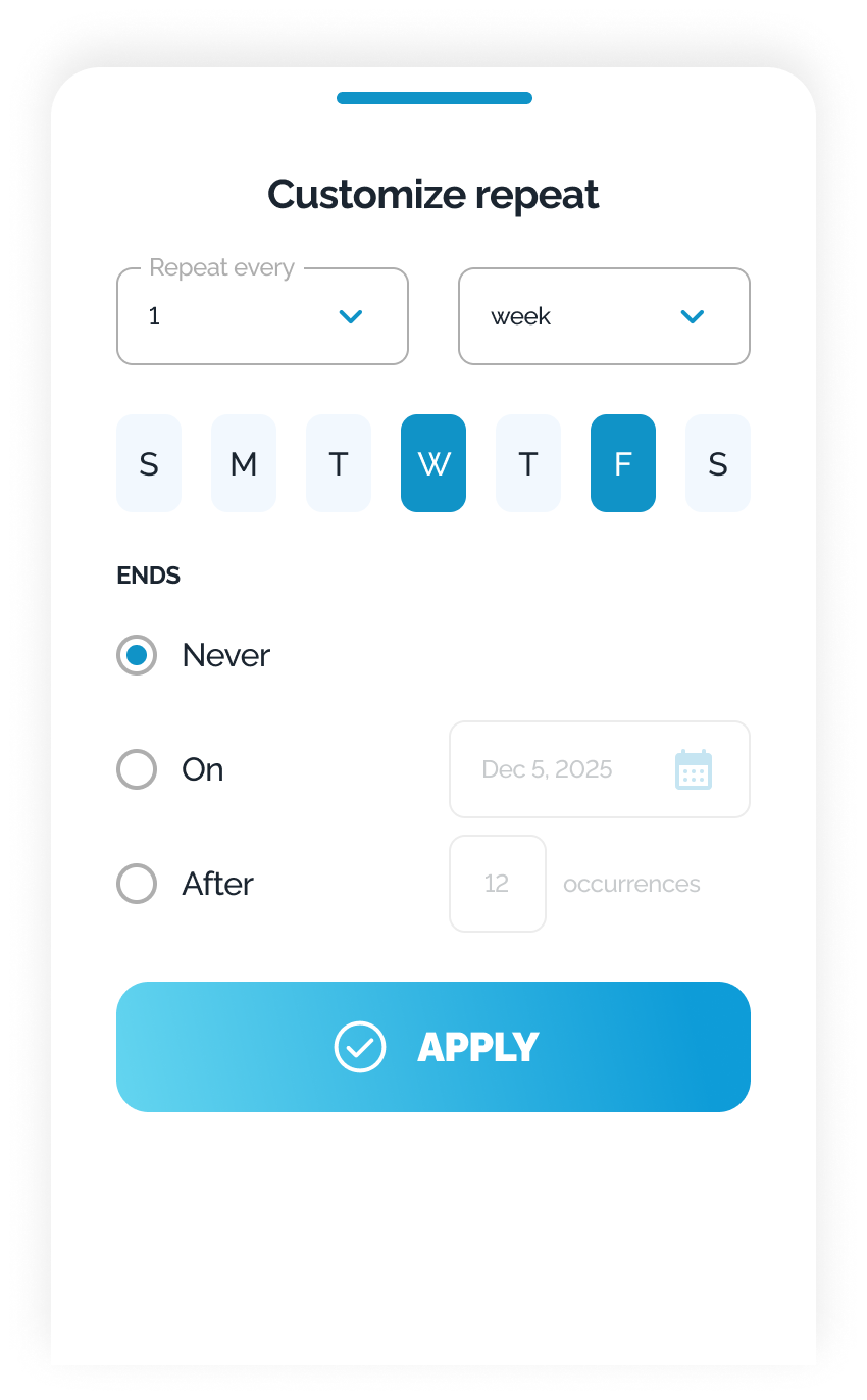 HarvestED app — customize watering repeat