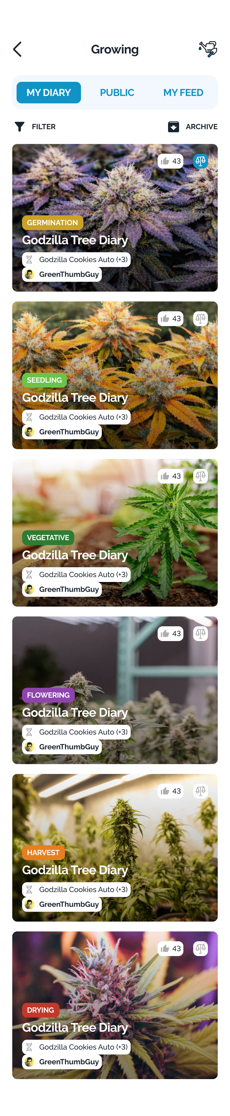 HarvestED app — grow diaries list